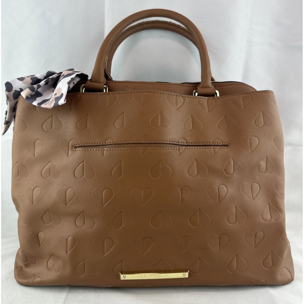 Betsey Johnson Heart Embossed Brown Triple Compartment Large Satchel Purse Tote